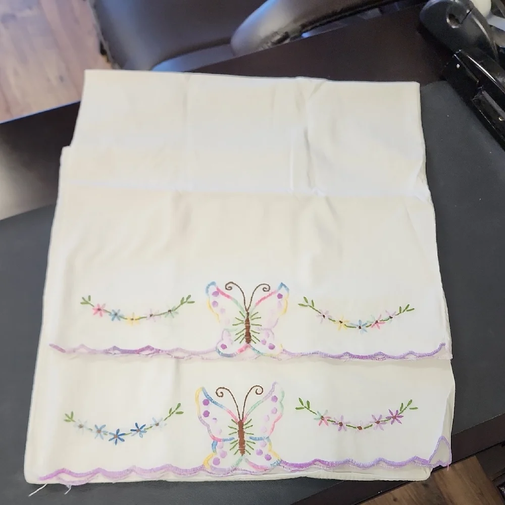 Vintage Handmade Embroidered Butterfly Pillow Cases, Set Of 2